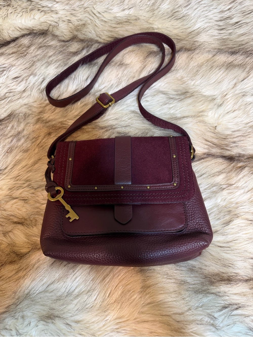 Fossil Burgundy Leather and Suede Crossbody with Key Charm - Picture 1 of 9